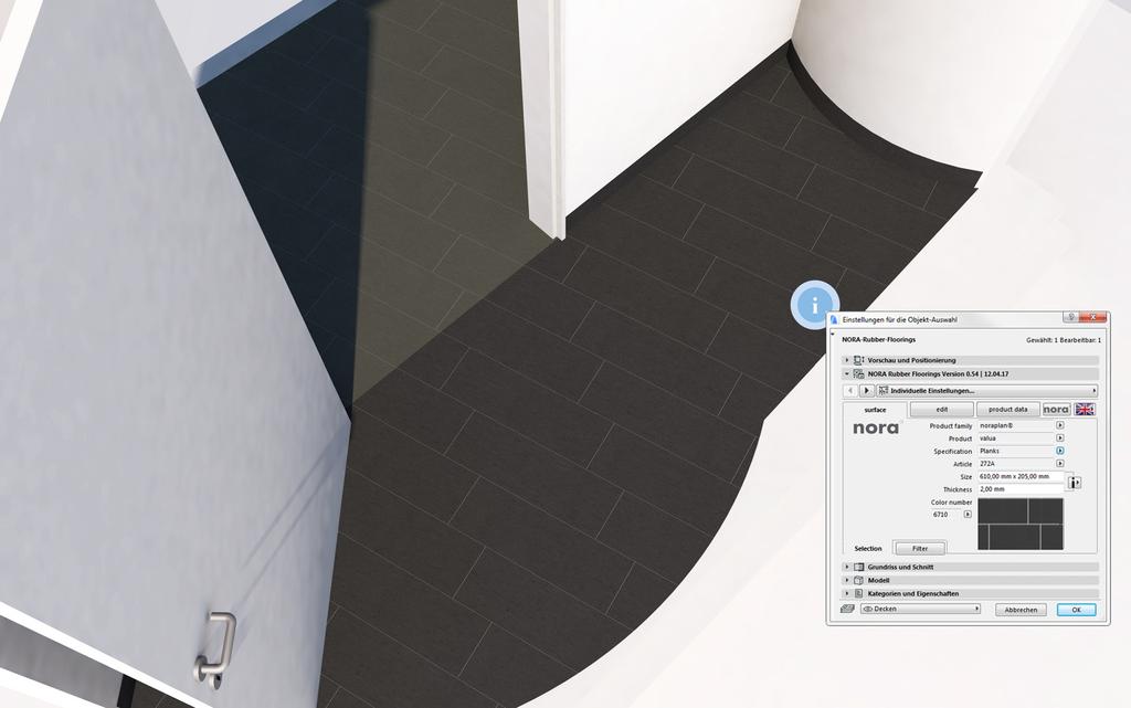 ArchiCAD Library Element for nora systems nora-rubber-floorings Library element for ArchiCAD 17+ This highly parametric library element is used to create floorings made by nora systems, including the