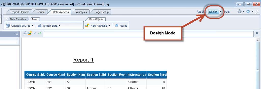 below, you are in Reading Mode. Web Intelligence 4.1 has two view modes: Reading and Design.