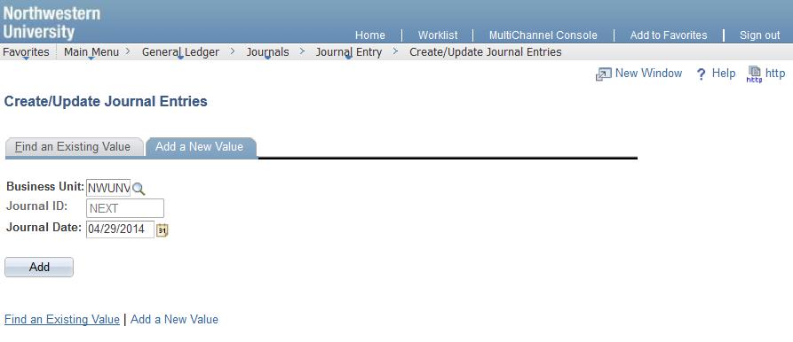 Step 1: Create the Journal Entry The Create/Update Journal Entries page appears with the Add a New Value tab on display. Steps 1.