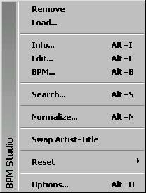 BPM Studio Player Player popup menu Remove a title from the player Load a file directly into the player Retrieves file information Starts the file editor Starts the BPM counter Opens the search