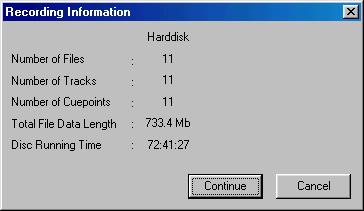 Decompression is done in real time during the burn process. The status bar to the left indicates overall length of the CD.