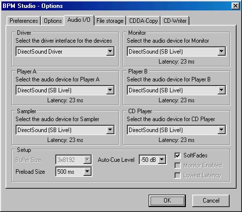 BPM Studio Program Options 3.15.3. Audio I/O- Configuring the Sound Card Driver Here the device driver is selected. In the Private Edition only the Direct Sound driver is available.