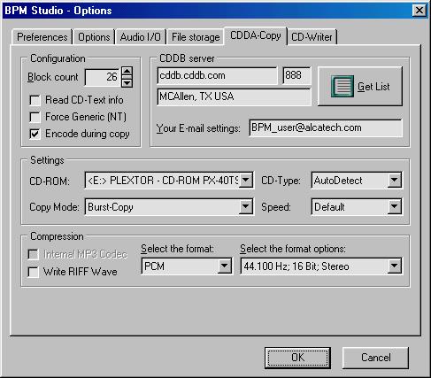BPM Studio Program Options 3.15.5. CDDA Copy Defining CDDA- and compression parameters Block Count Number of blocks on a media, that will be read if the CD-ROM drive is accessed.