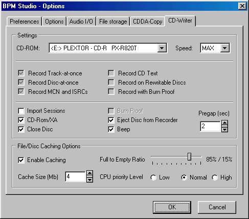 Program Options BPM Studio 3.15.6. CD Writer Adjusting Recorder Parameters CD-ROM Select a Recorder out of a list of all Recorders available in the system.