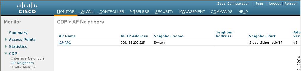 Chapter 4 Configuring the Cisco Discovery Protocol Figure 4-45 CDP > AP Neighbors Page Step 5 This page shows the following information: The name of each access point The IP address of each access