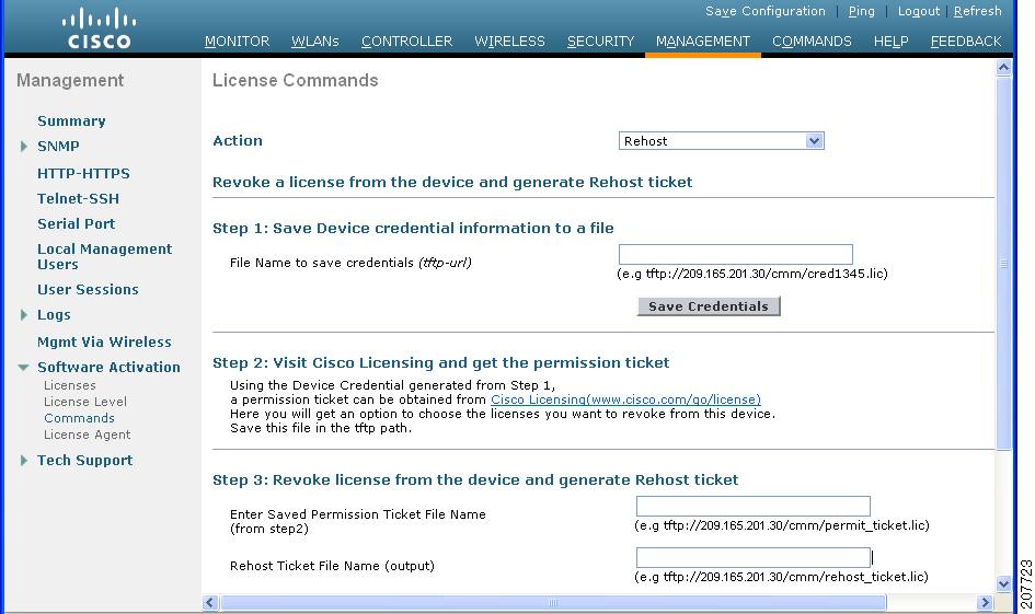 Installing and Configuring Licenses Chapter 4 Using the GUI to Rehost a License To rehost a license using the controller GUI, follow these steps: Step 1 Choose Management > Software Activation >