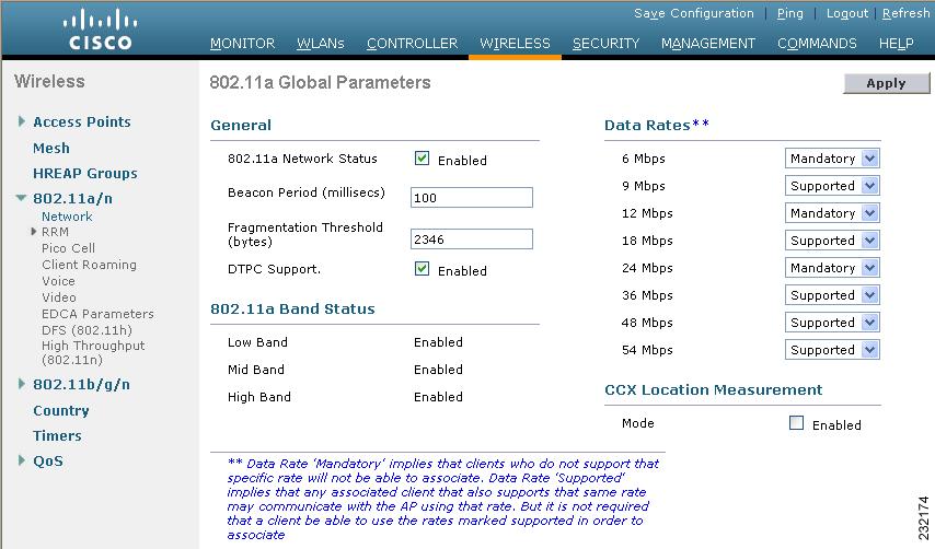 Chapter 4 Configuring 802.11 Bands Figure 4-11 802.11a Global Parameters Page Step 4 Select the 802.11a (or 802.11b/g) Network Status check box to enable the 802.11a or 802.11b/g band.