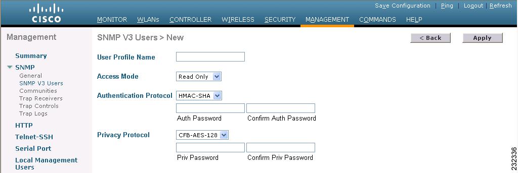 Figure 4-18 SNMP V3 Users > New Page Step 4 Step 5 Step 6 Step 7 Step 8 In the User Profile Name text box, enter a unique name. Do not enter default.