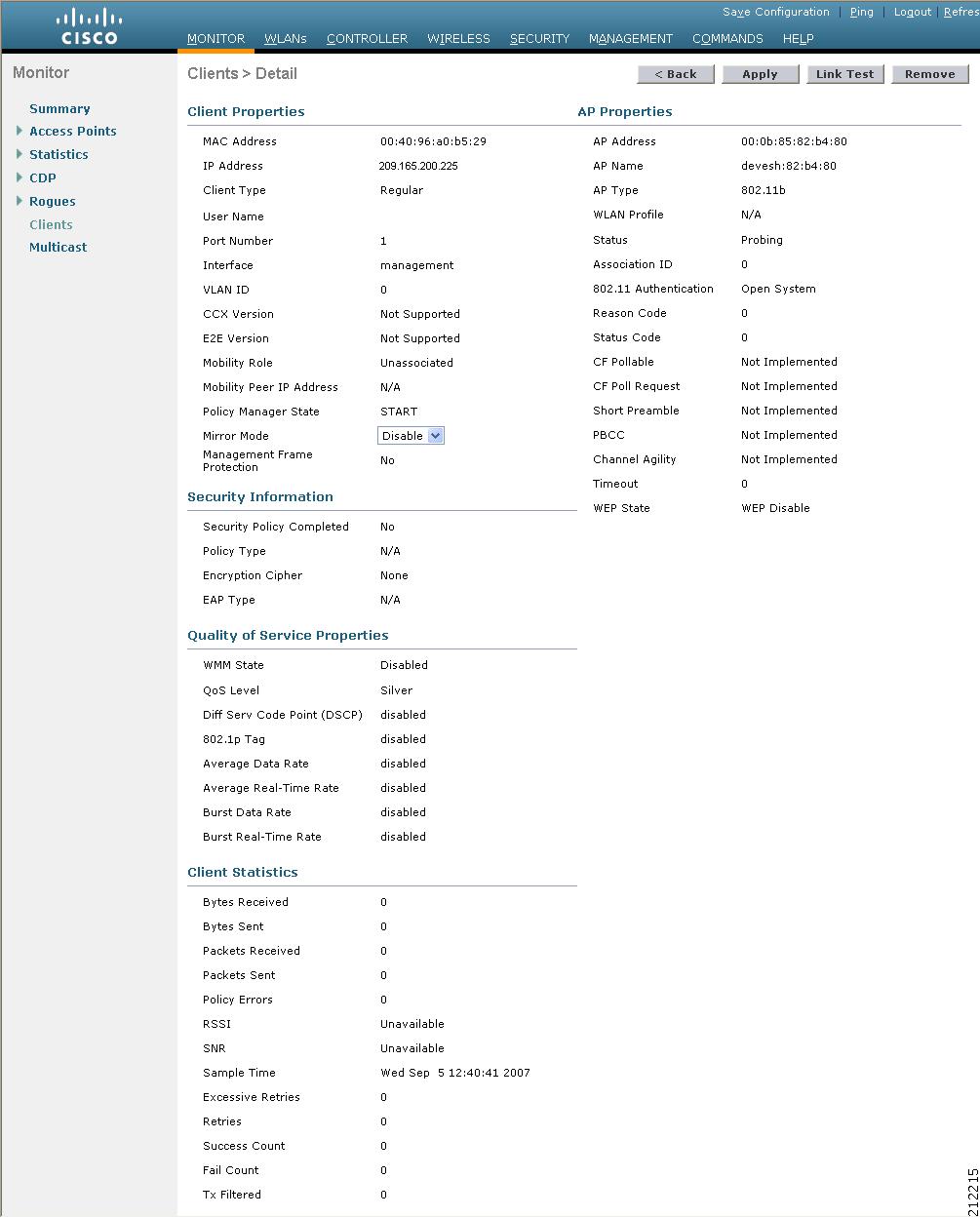 Chapter 4 Configuring Voice and Video Parameters Figure 4-32 Clients > Detail Page This page shows the U-APSD