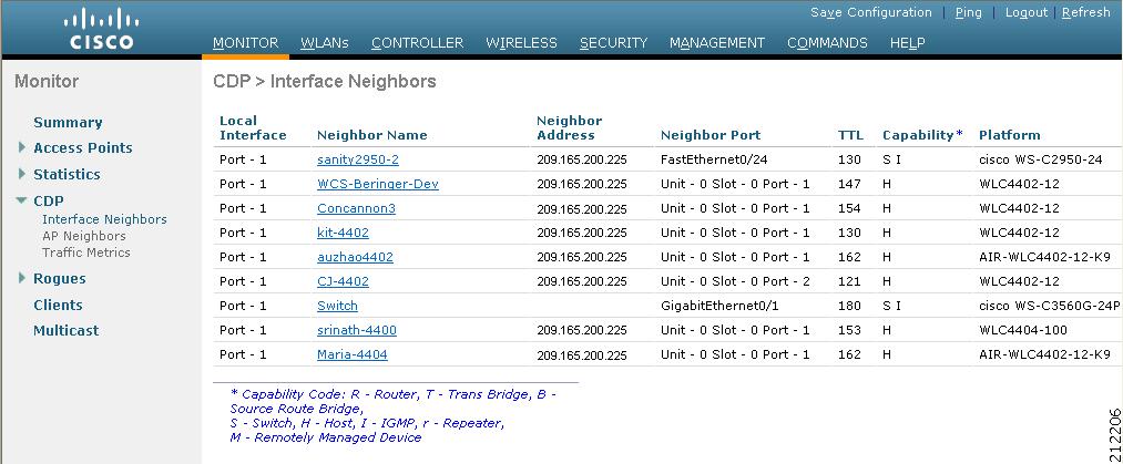 Chapter 4 Configuring the Cisco Discovery Protocol Step 1 Choose Monitor > CDP > Interface Neighbors to open the CDP > Interface Neighbors page appears (see Figure 4-42).