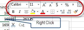 Users may also apply some more formatting by right clicking on a cell. A context sensitive menu will display which will allow for formatting options to be applied to a cell or a selection.
