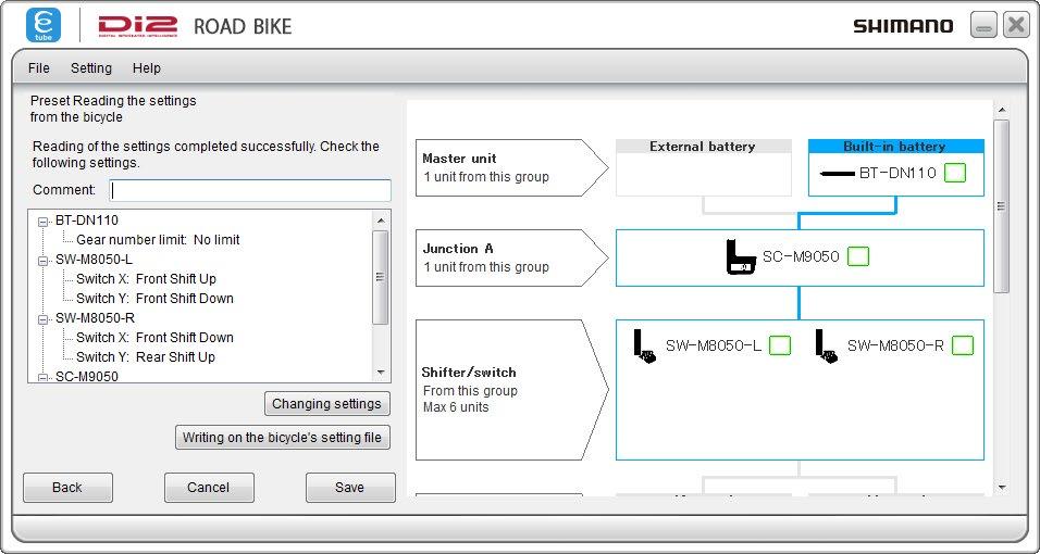 EACH FUNCTION OF E-TUBE PROJECT Reading the settings from the bicycle Select [Reading the settings from the bicycle] from the preset menu to read settings from the connected bicycle.