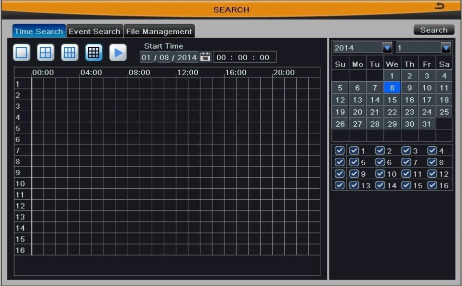 Chapter 4 Manage NVR 4.1 Search and Playback Search configuration includes three submenus: time search, event search and file management. 4.1.1 Time Search Step1: Enter into Main Menu Search Time Search; as shown in Fig 4-1: Fig 4-1 Step2: Select a certain date and channels which need to search video.