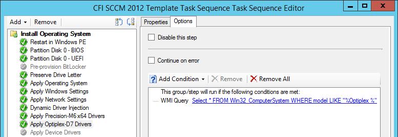 1) Task Sequence Editor, Click Add > > Apply Driver Package 2) From Properties tab:» Name: Type a name (Example: Apply Optiplex-D7 ) 3) Select Browse 4) Select your Driver Package > Click OK 5) Click