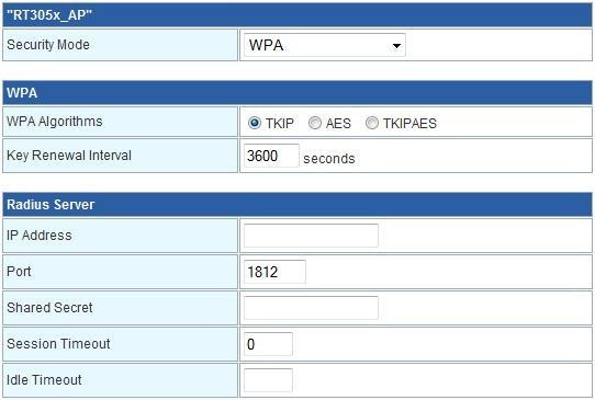 WPA Algorithms: Select the type of algorithm, TKIP or AES for WPA, and TKIP, AES or TKIP AES for WPA2, WPA1/WPA2. Key Renewal Interval: Enter the renewal security time (seconds) in the column.