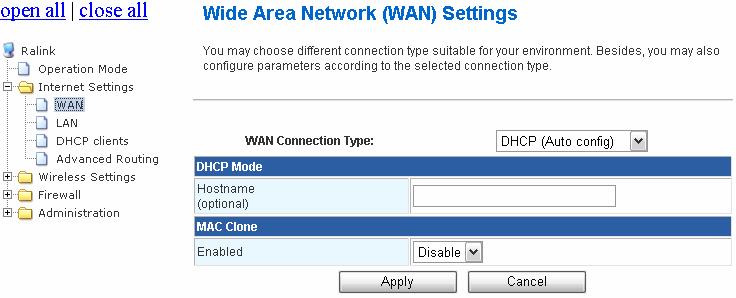 WAN Connection Type: Select the WAN Connection Type Static (fixed IP), DHCP (Auto Config), PPPoE (ADSL) and L2TP, PPTP and 3G.