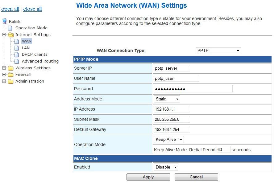 E. 3G In this page, enter IP address of the PPTP server, username, and password provided by ISP. Select Address Mode to either Static or Dynamic for the WAN addressing type.