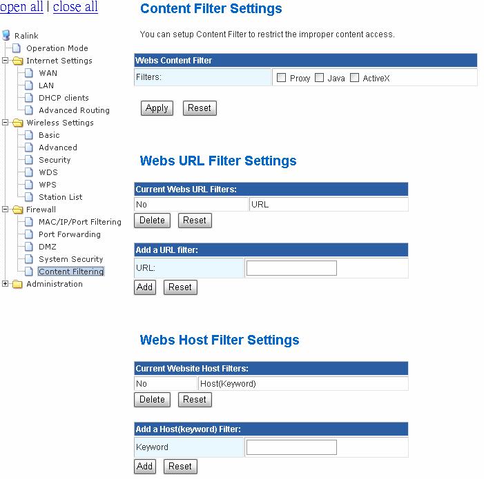 Content Filter Setting: There have three options for this filter Proxy, Java, and ActiveX.