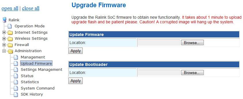 Update Firmware Location: Click the Browse button; find the file the firmware to be updated. Update Bootloader Location: Click the Browse button; find the file the bootloader to be updated. 2.5.3.