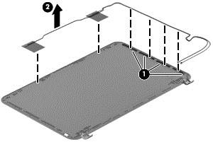 b. Detach and release the WLAN module (the WLAN module is attached to the display enclosure with double-sided tape), and remove the cables (2). 5.