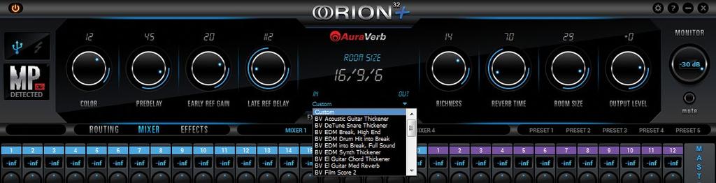 Orion32+ comes with four software low latency mixers which provide near zero latency mix and monitoring that can be distributed using the control panel.