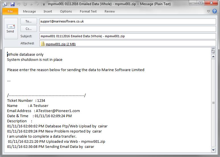 You must ensure that support@marinesoftware.co.uk is entered in the To: field if this is not automatically displayed.