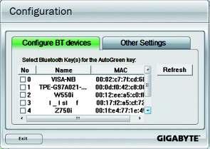 The Coniguration dialog box: First, you have to set your Bluetooth cell phone as a portable key. On the Auto Green main menu, click Conigure and then click Conigure BT devices.