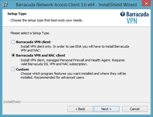 Click Next to continue. Chose to install the Barracuda Network Access Client at the default location, or click Change and select another target directory.