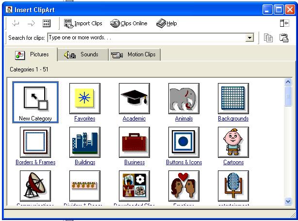 Adding Clip-Art to a Slide Move to the slide in which you plan to add Clip-Art. Choose Insert. back button Choose Picture. Select Clip-Art. Scroll through the list of Clip-Art categories.