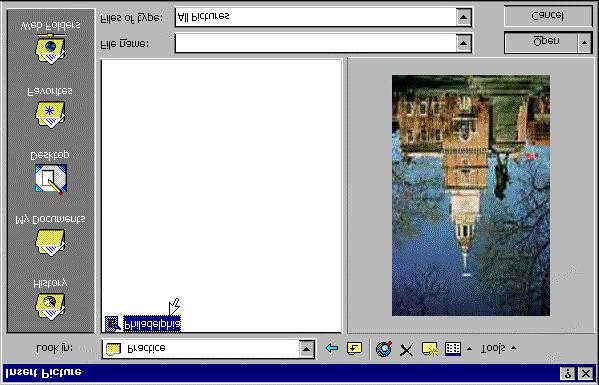 114 Microsoft PowerPoint 2000 Lesson 4-6: Inserting and Formatting Pictures Figure 4-14 The Insert Picture dialog box. Select the graphic file you want to insert Figure 4-15 The Picture toolbar.