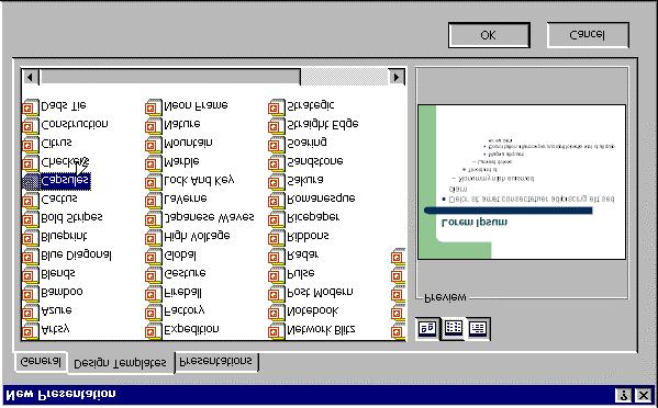 26 Microsoft PowerPoint 2000 Lesson 1-11: Creating a Blank Presentation and Creating a Presentation from a Template Figure 1-22 The New Slide dialog box select the layout you want for your new slide.