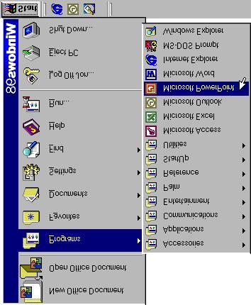 6 Microsoft PowerPoint 2000 Lesson 1-1: Starting PowerPoint Figure 1-1 The Windows Desktop. Figure 1-2 Programs located under the Windows Start button.