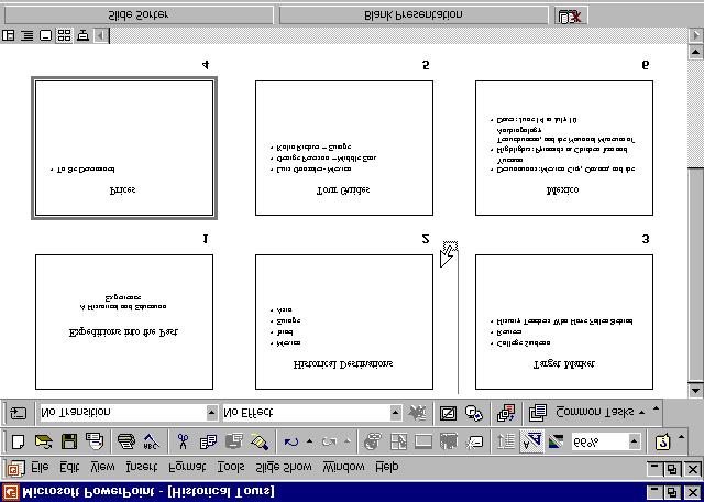 62 Microsoft PowerPoint 2000 Lesson 2-12: Duplicating, Moving, and Deleting Slides in Slide Sorter View Figure 2-20 Rearranging the slide order by dropping and dragging in Slide Sorter view.