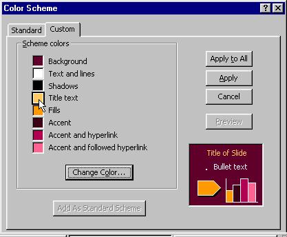 100 Microsoft PowerPoint 2000 Lesson 3-6: Choosing a Color Scheme Figure 3-9 Select a color scheme on the Standard tab of the Color Scheme dialog box.
