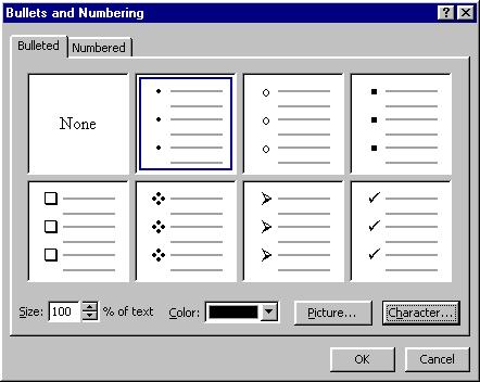 Click the Bullets button on the Formatting toolbar. PowerPoint applies bullets to each of the items. Select the bullet type. Figure 3-15 Select the bullet Click to select a color.