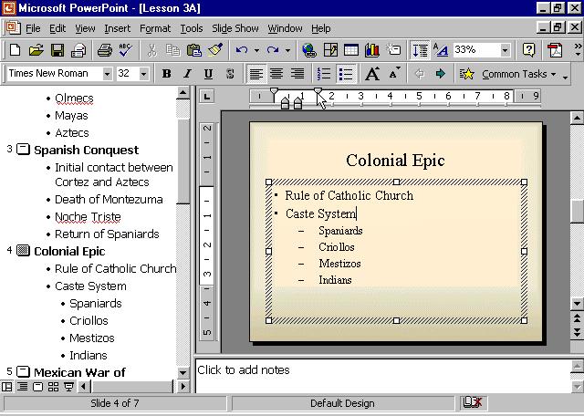 110 Microsoft PowerPoint 2000 Lesson 3-11: Working with Tabs and Indents Figure 3-22 The ruler. Figure 3-23 How to set and modify tabs stops.
