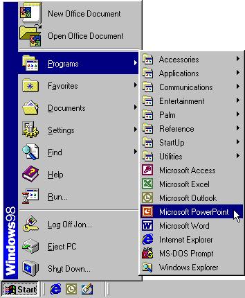 12 Microsoft PowerPoint 2000 Lesson 1-1: Starting PowerPoint Figure 1-1 The Windows Desktop. Figure 1-2 Programs located under the Windows Start button.