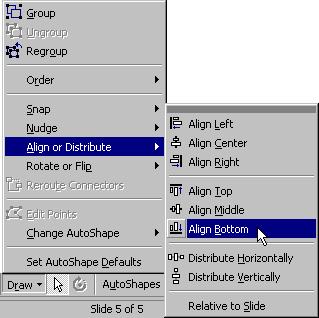 Select the objects you want to group by holding down the <Shift> key as you click each object. 2. Select Draw Align or Distribute and select the alignment from the Drawing toolbar. 2. Select Draw Group from the Drawing toolbar.