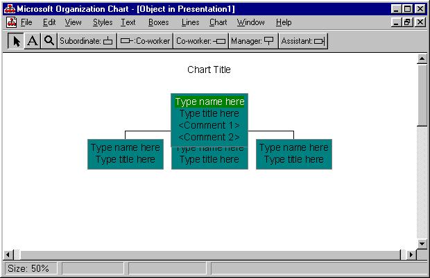 178 Microsoft PowerPoint 2000 Lesson 6-4: Creating an Organization Chart Figure 6-10 A blank organization chart slide. Figure 6-11 The Microsoft Organization Chart program window.
