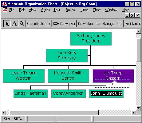 180 Microsoft PowerPoint 2000 Lesson 6-5: Modifying Your Organization Chart Figure 6-14 Move a box to a different position in an organization chart by dragging and dropping.