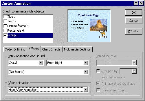 196 Microsoft PowerPoint 2000 Lesson 7-4: Using Custom Animation Effects Figure 7-8 The Effects tab of the Custom Animation dialog box. Figure 7-9 The animated slide.
