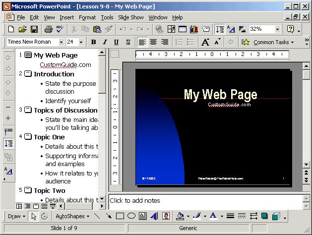 Figure 9-18 Figure 9-19 The easiest way to create a Web page in PowerPoint is to use the AutoContent Wizard.