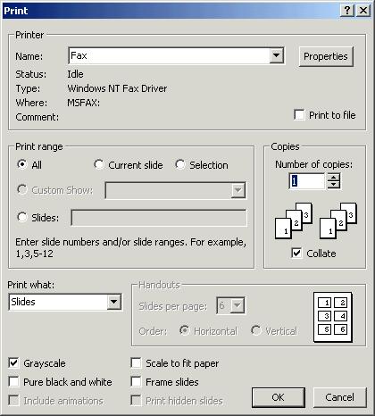 38 Microsoft PowerPoint 2000 Lesson 1-14: Printing Your Presentation Figure 1-26 The Print dialog box see Table 1-8: Print Dialog Box Options for definitions of what everything means.
