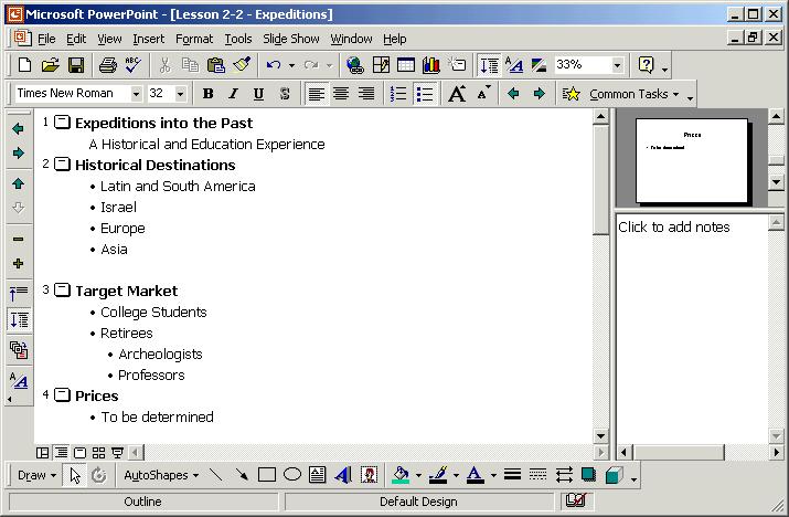 52 Microsoft PowerPoint 2000 Lesson 2-2: Adding Slides and Promoting and Demoting Paragraphs in Outline View Figure 2-4 A presentation in Outline View. Figure 2-5 The Outlining toolbar.