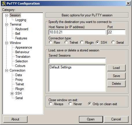 Upper-left: Screenshot of PuTTY configuration window with the IP address for a test setup. Your installation will have use a different address.