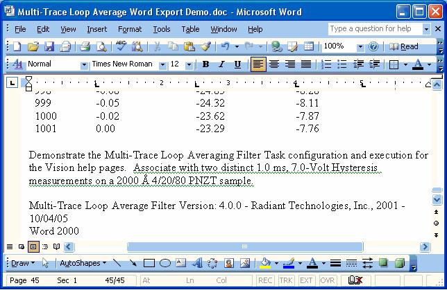 Figure D.2.12 - Multi-Trace Loop Average Filter Task Sample Word Export Output. Lower Portion. Vision Data File - In this option, added as of Version 4.0.