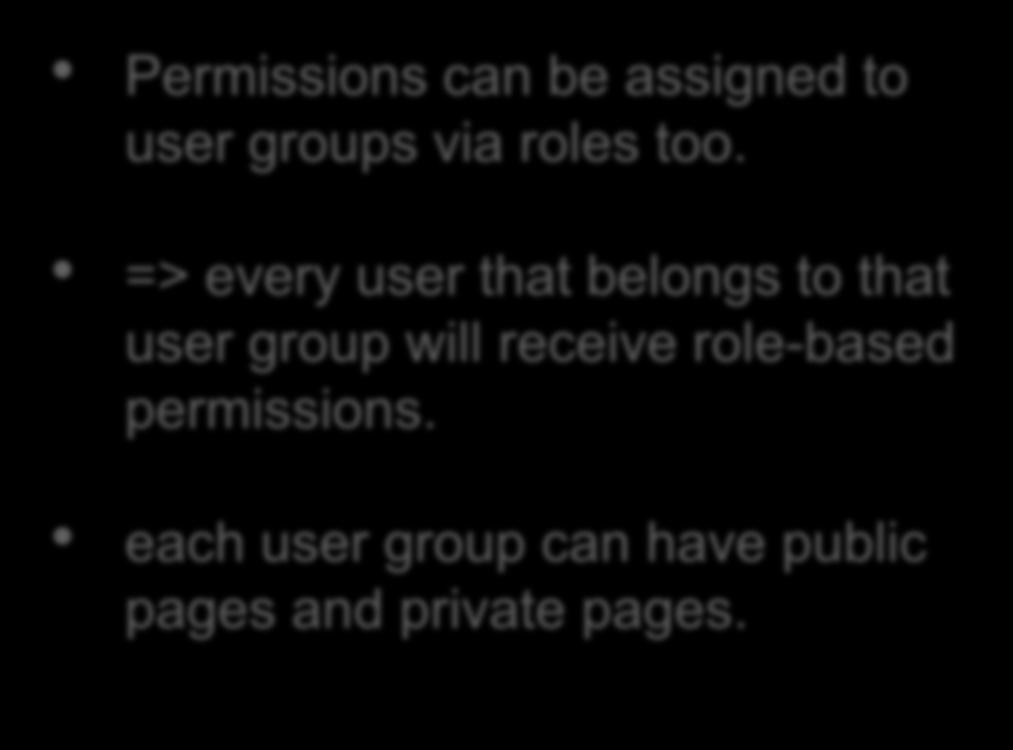 User Group a special group with no context. Manager User User User User Permissions can be assigned to user groups via roles too.