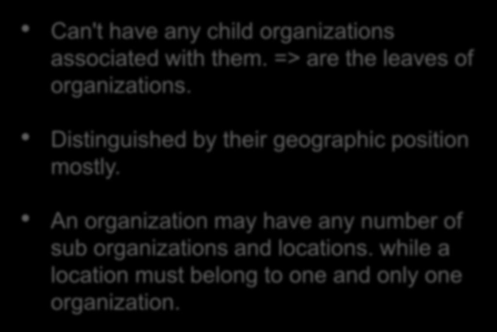 Location is a special organization which associates with a parent organization Can't have