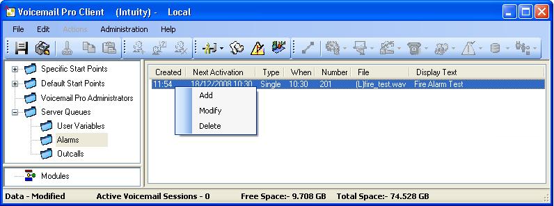 Using the Voicemail Pro Client: Using the Navigation and Details Panes 2.13.3 Server Queues 2.13.3.1 Alarms The voicemail server can be configured to make alarm calls to users.