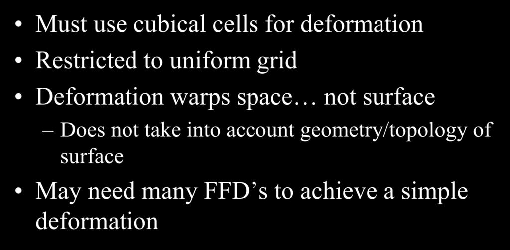 Disadvantages Must use cubical cells for deformation Restricted to uniform grid Deformation warps space not